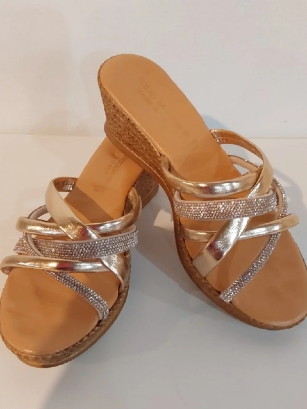 Fabio Maggenti|Wedge Slide Sandals in Metallic Gold/Silver Bling Slip On Sz.7.5